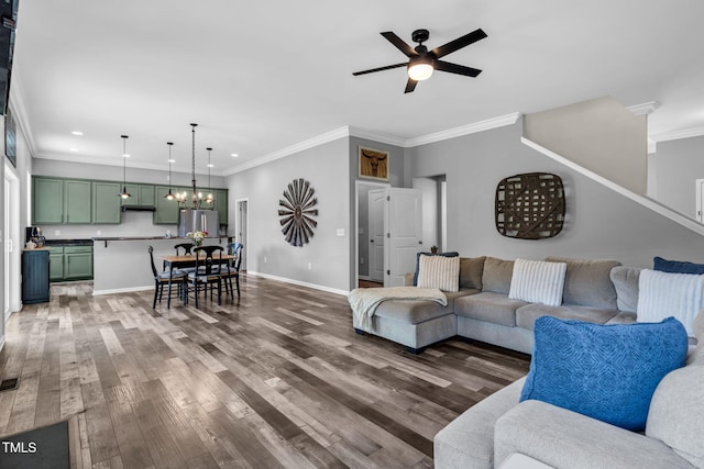 80 Shartree Farms Ln, Louisburg, NC 27549 - living room featuring a ceiling fan, a chandelier, recessed lighting, wood finished floors, and ornamental molding