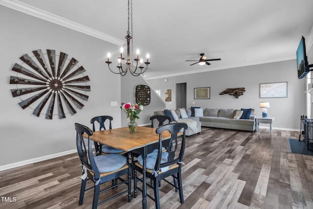80 Shartree Farms Ln, Louisburg, NC 27549 - dining space featuring ornamental molding, dark wood-style flooring, and ceiling fan