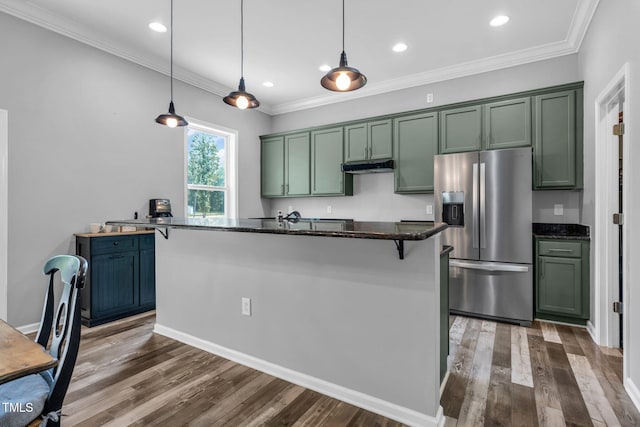 80 Shartree Farms Ln, Louisburg, NC 27549 - kitchen featuring stainless steel fridge with ice dispenser, green cabinets, under cabinet range hood, dark wood-type flooring, and recessed lighting