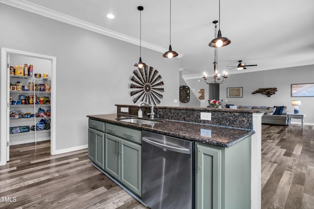 80 Shartree Farms Ln, Louisburg, NC 27549 - kitchen featuring dishwasher, open floor plan, crown molding, wood finished floors, and a kitchen island with sink