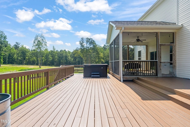80 Shartree Farms Ln, Louisburg, NC 27549 - deck with a sunroom, a hot tub, and ceiling fan
