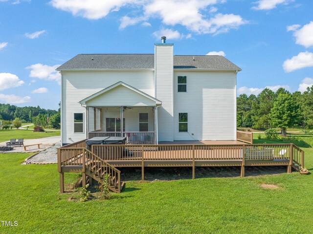 80 Shartree Farms Ln, Louisburg, NC 27549 - rear view of property featuring a chimney, a ceiling fan, a wooden deck, and a yard