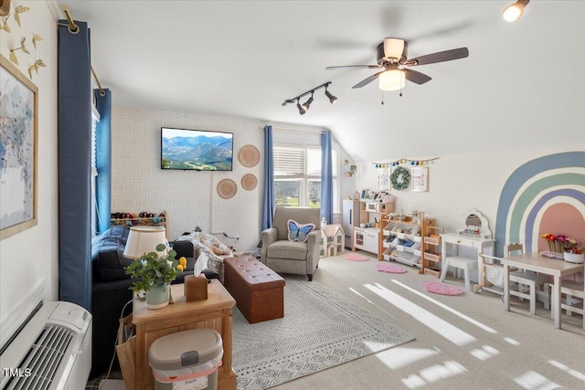 817 Mossy Oak Dr, Fuquay Varina, NC 27526 - carpeted living room featuring a ceiling fan and a wall mounted AC