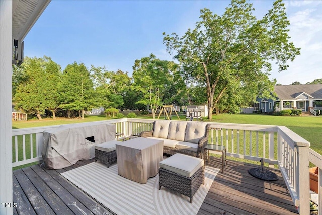 817 Mossy Oak Dr, Fuquay Varina, NC 27526 - wooden deck with outdoor lounge area, a lawn, and a playground