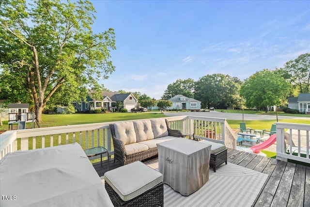 817 Mossy Oak Dr, Fuquay Varina, NC 27526 - wooden deck with an outdoor hangout area, a yard, and a residential view