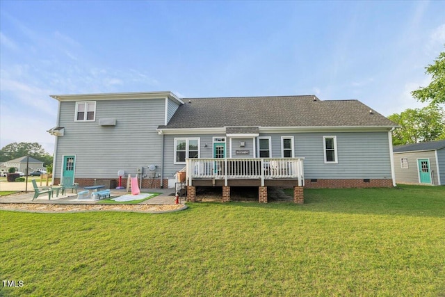 817 Mossy Oak Dr, Fuquay Varina, NC 27526 - rear view of property featuring a wooden deck, crawl space, a patio, and a yard