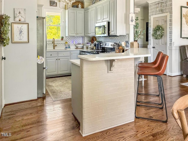 817 Mossy Oak Dr, Fuquay Varina, NC 27526 - kitchen featuring stainless steel appliances, a peninsula, wood finished floors, and light countertops