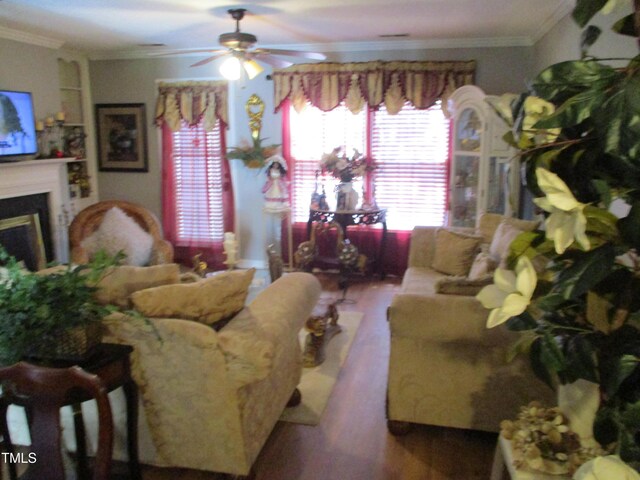 4302 Bona Ct, Raleigh, NC 27604 - living area featuring crown molding, wood finished floors, ceiling fan, and a fireplace