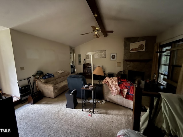 535 Hillcrest Dr, Garner, NC 27529 - carpeted living room featuring a ceiling fan and a stone fireplace