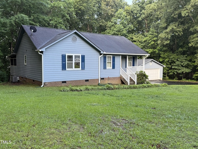 535 Hillcrest Dr, Garner, NC 27529 - ranch-style house with crawl space, an outbuilding, a shingled roof, a detached garage, and a front yard