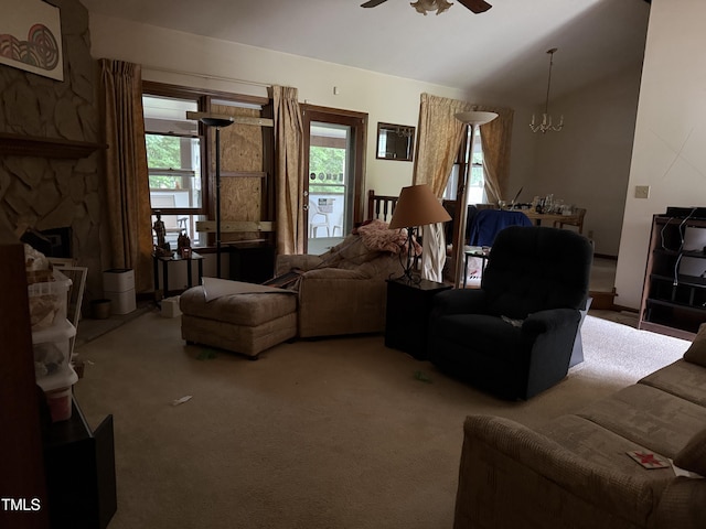 535 Hillcrest Dr, Garner, NC 27529 - carpeted living area featuring ceiling fan, lofted ceiling, and a fireplace