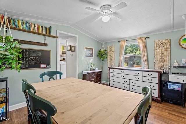 1355 Sykes Rd, Spring Hope, NC 27882 - bedroom featuring wood finished floors, lofted ceiling, crown molding, a ceiling fan, and baseboards