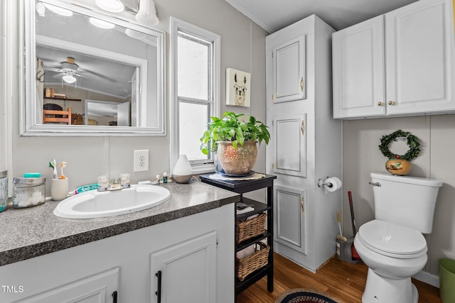1355 Sykes Rd, Spring Hope, NC 27882 - bathroom with vanity, wood finished floors, toilet, ceiling fan, and crown molding