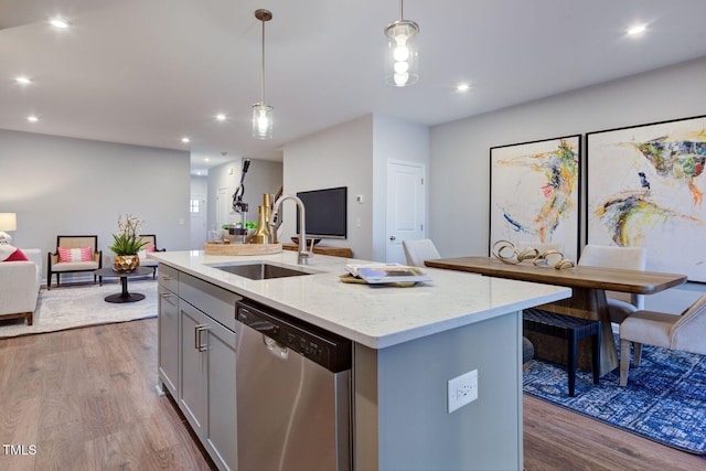 1227 Bessie Ct, Wake Forest, NC 27587 - kitchen with dishwasher, a sink, gray cabinetry, open floor plan, and dark wood-type flooring