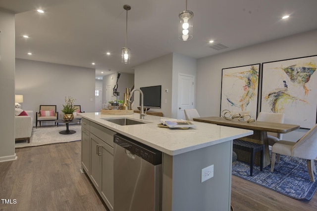 1227 Bessie Ct, Wake Forest, NC 27587 - kitchen featuring dishwasher, a sink, gray cabinetry, open floor plan, and dark wood-type flooring