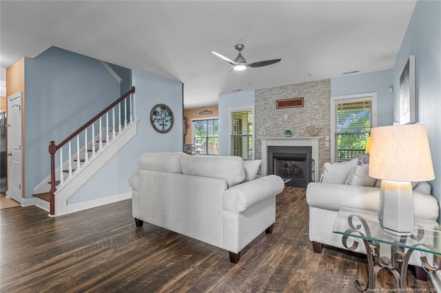 416 Kentucky Derby Ln, Lillington, NC 27546 - living area featuring wood finished floors, stairs, a ceiling fan, and plenty of natural light