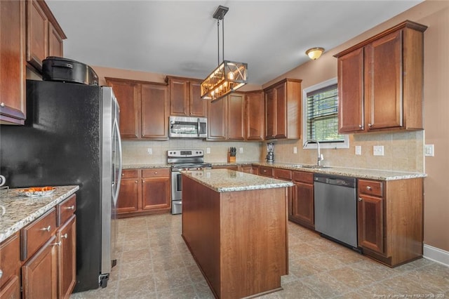 416 Kentucky Derby Ln, Lillington, NC 27546 - kitchen featuring stainless steel appliances, a sink, light stone counters, and backsplash