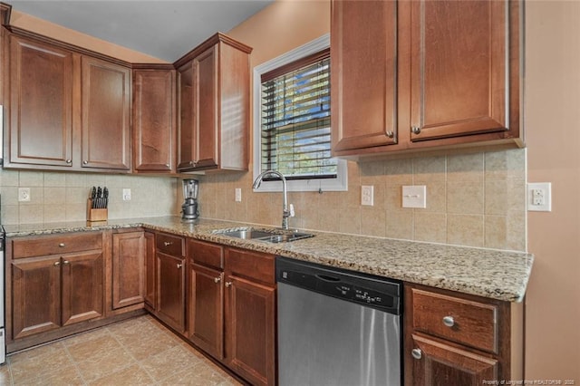 416 Kentucky Derby Ln, Lillington, NC 27546 - kitchen with dishwasher, a sink, light stone counters, and tasteful backsplash