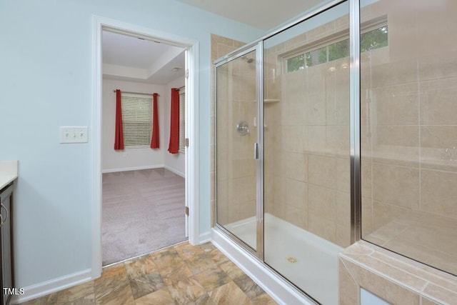 321 Westgrove Ct, Durham, NC 27703 - full bath with a shower stall, vanity, and stone finish floors