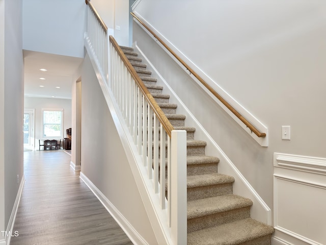 13 Knotty Pine Ln, Clayton, NC 27520 - staircase with wood finished floors, baseboards, and recessed lighting