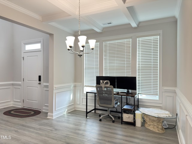 13 Knotty Pine Ln, Clayton, NC 27520 - office featuring beam ceiling, a chandelier, wood finished floors, coffered ceiling, and a decorative wall