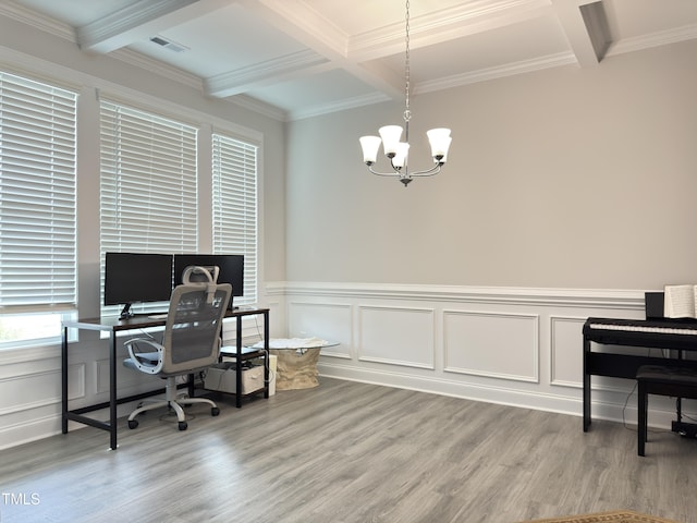 13 Knotty Pine Ln, Clayton, NC 27520 - office space featuring coffered ceiling, beam ceiling, a chandelier, light wood-type flooring, and ornamental molding