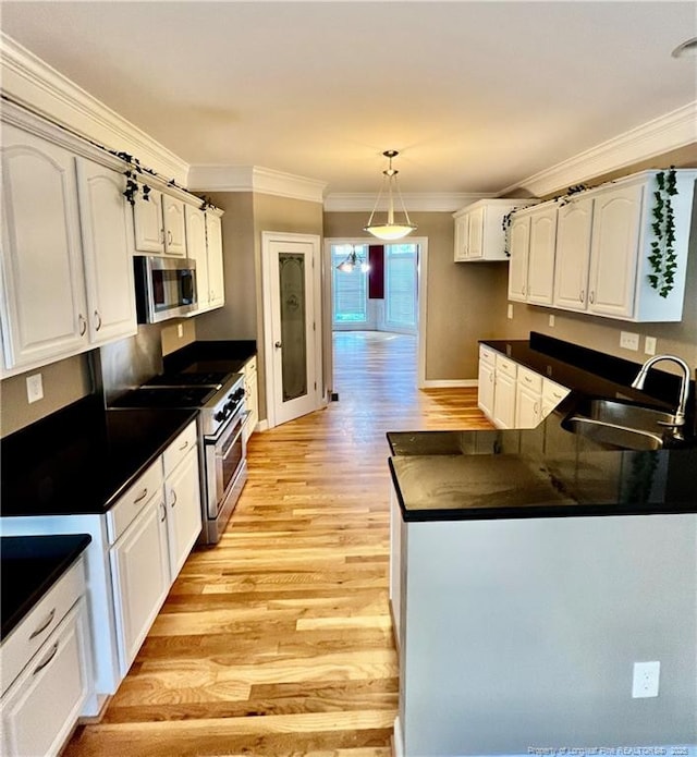 9721 Arlington Oaks Dr, Charlotte, NC 28227 - kitchen with stainless steel appliances, dark countertops, ornamental molding, light wood-type flooring, and a sink