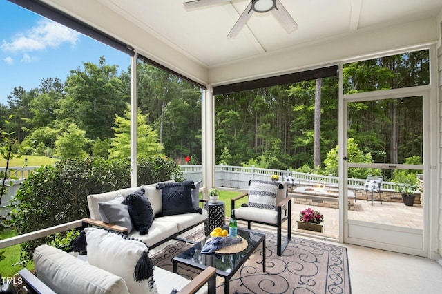 137 Azalea View Way, Holly Springs, NC 27540 - sunroom / solarium with an outdoor living space with a fire pit and a ceiling fan