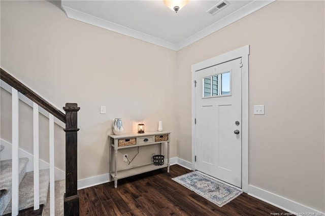 5540 Mountain Run Dr, Hope Mills, NC 28348 - entryway featuring dark wood-style floors, crown molding, stairway, and baseboards