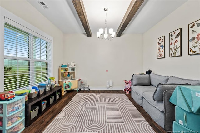 5540 Mountain Run Dr, Hope Mills, NC 28348 - living area with a chandelier, dark wood-style floors, beam ceiling, and baseboards