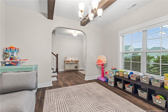 5540 Mountain Run Dr, Hope Mills, NC 28348 - game room featuring arched walkways, wood finished floors, a chandelier, baseboards, and beam ceiling