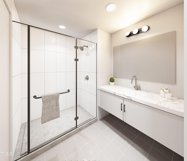 140 Two Hills Dr Unit 302C, Carrboro, NC 27510 - bathroom featuring a shower stall, vanity, tile patterned floors, and recessed lighting
