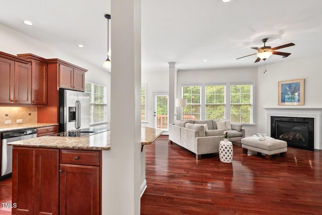 108 Teagan Ct, Chapel Hill, NC 27516 - kitchen featuring stainless steel appliances, open floor plan, dark wood-style flooring, recessed lighting, and backsplash