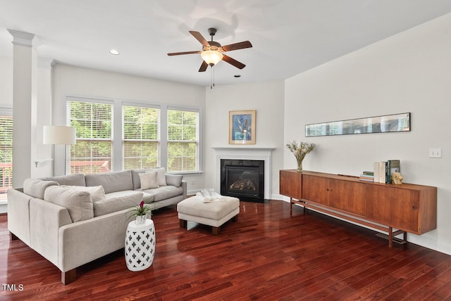 108 Teagan Ct, Chapel Hill, NC 27516 - living area with wood finished floors, ceiling fan, recessed lighting, and a glass covered fireplace