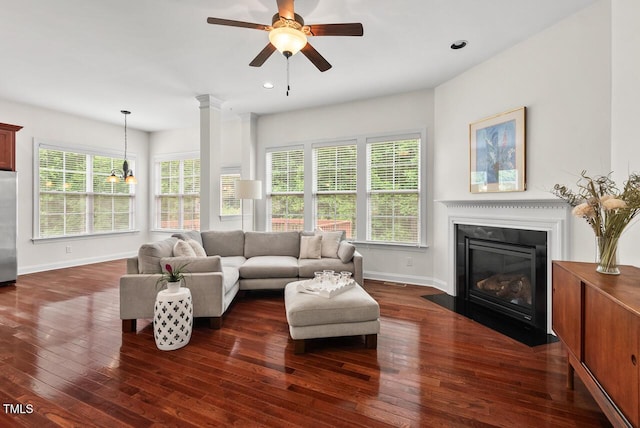 108 Teagan Ct, Chapel Hill, NC 27516 - living room with dark wood finished floors, a ceiling fan, a fireplace with flush hearth, and recessed lighting