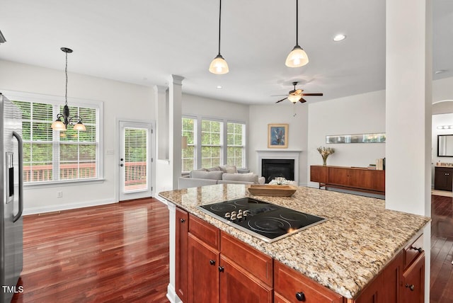 108 Teagan Ct, Chapel Hill, NC 27516 - kitchen with black electric cooktop, dark wood-style floors, stainless steel fridge with ice dispenser, ceiling fan, and recessed lighting