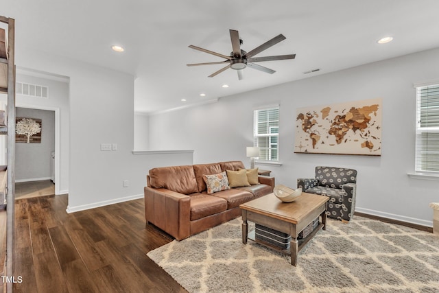 2969 Thirlestane Dr, Apex, NC 27502 - living room with ceiling fan, wood finished floors, and recessed lighting