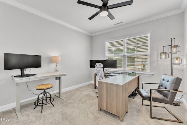 2969 Thirlestane Dr, Apex, NC 27502 - office space featuring light colored carpet, a ceiling fan, and crown molding