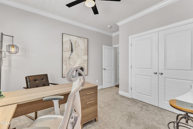 2969 Thirlestane Dr, Apex, NC 27502 - office area with ceiling fan, crown molding, and light colored carpet