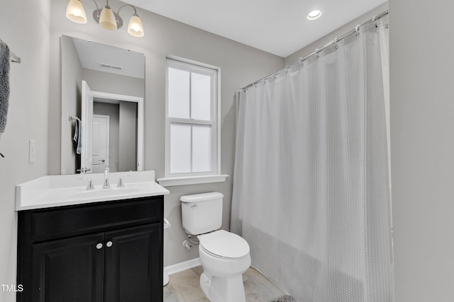 2537 Sunnybranch Ln, Apex, NC 27523 - bathroom featuring vanity, marble finish floors, a shower with shower curtain, and recessed lighting