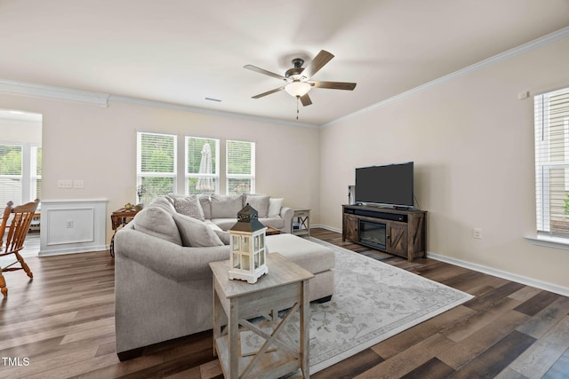 1038 Felman Rd, Durham, NC 27703 - living area with ceiling fan, crown molding, and dark wood-style flooring