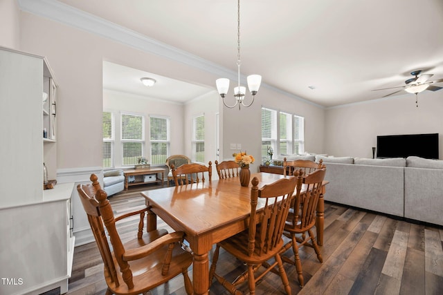 1038 Felman Rd, Durham, NC 27703 - dining area with dark wood-style floors, crown molding, plenty of natural light, and ceiling fan