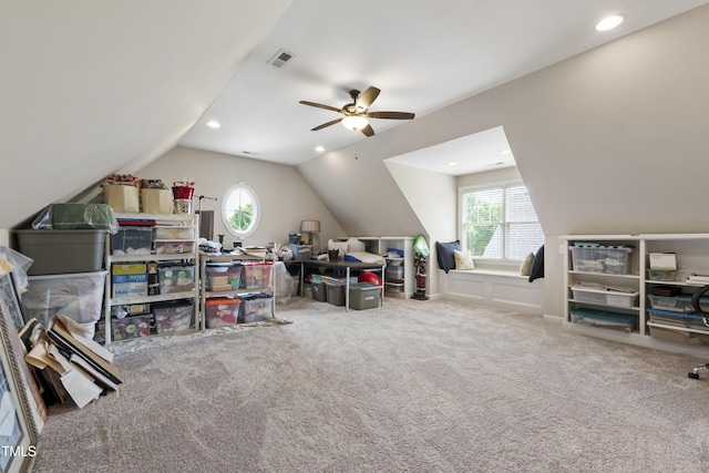 1831 Middlebrook Dr, Raleigh, NC 27615 - playroom featuring lofted ceiling, plenty of natural light, carpet floors, ceiling fan, and recessed lighting