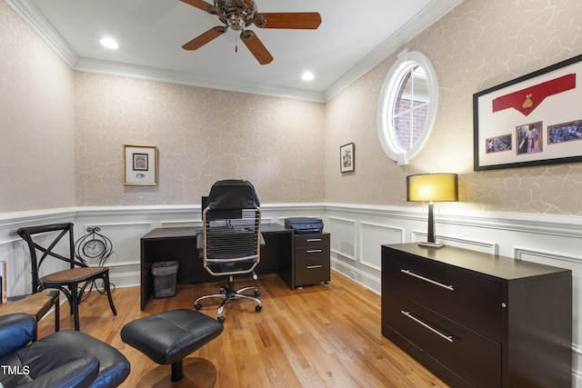 1831 Middlebrook Dr, Raleigh, NC 27615 - office space with a ceiling fan, light wood-style flooring, crown molding, wainscoting, and recessed lighting