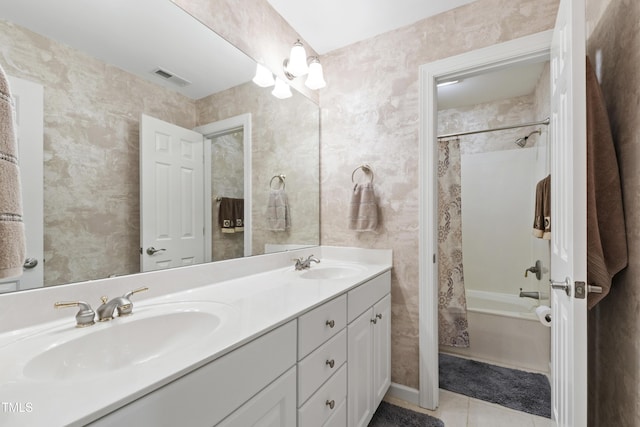 1831 Middlebrook Dr, Raleigh, NC 27615 - full bathroom featuring double vanity, shower / bath combination with curtain, and tile patterned flooring