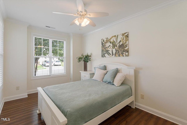 531 Finnbar Dr, Cary, NC 27519 - bedroom with dark wood-type flooring, ornamental molding, and a ceiling fan