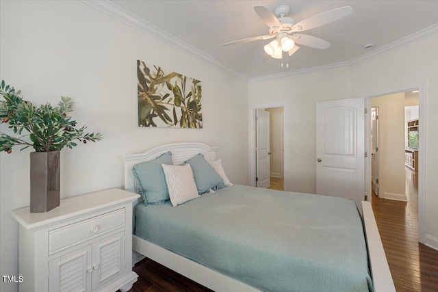 531 Finnbar Dr, Cary, NC 27519 - bedroom featuring crown molding, dark wood-style flooring, and a ceiling fan