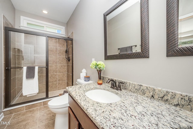 3037 Willow Ranch Dr, Fuquay Varina, NC 27526 - bathroom with a shower stall, vanity, tile patterned flooring, and recessed lighting