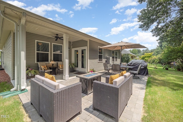 3037 Willow Ranch Dr, Fuquay Varina, NC 27526 - view of patio / terrace featuring french doors, an outdoor living space with a fire pit, ceiling fan, and a grill