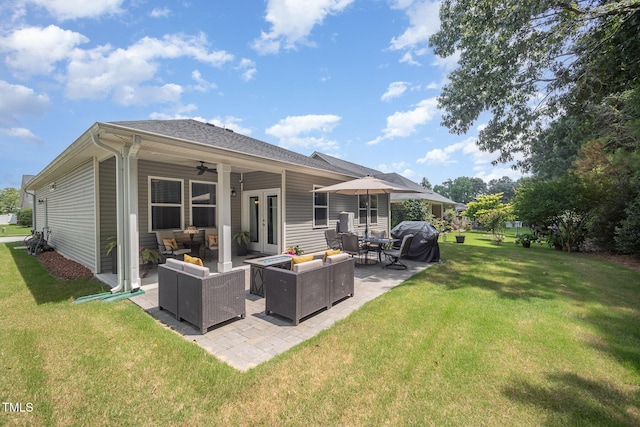 3037 Willow Ranch Dr, Fuquay Varina, NC 27526 - back of property featuring outdoor lounge area, a patio, french doors, a lawn, and ceiling fan